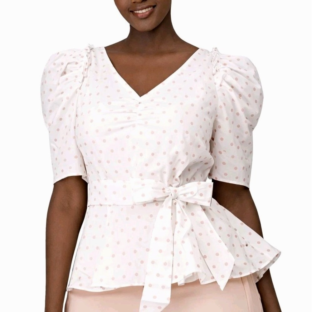 KATE SPADE Size 4 Pink Dot Cotton Drape Belted Peplum Classic Puff Sleeve Blouse